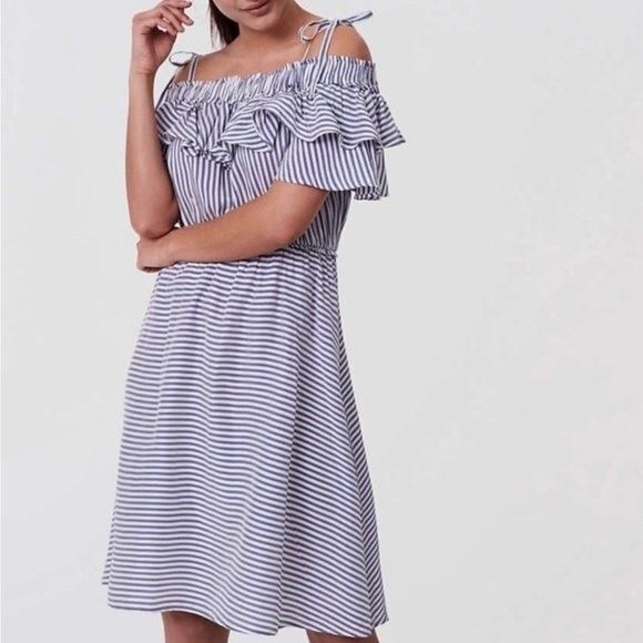 NEW LOFT Large Midi Ruffles Off Shoulders Short Sleeves Stripes Summer Vacation - Picture 1 of 13